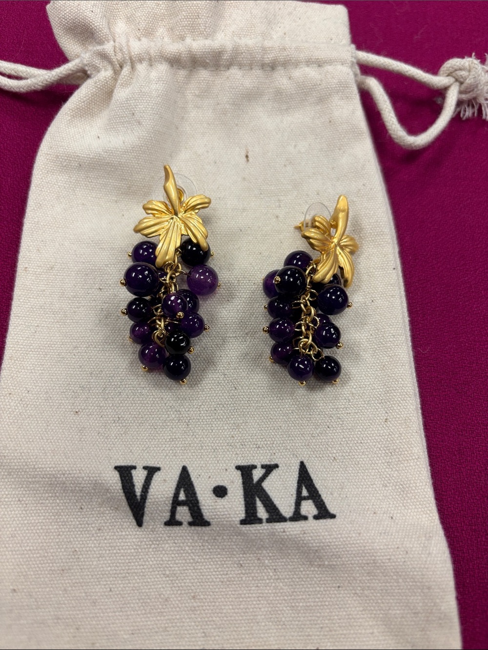 VAKA Gold Floral Cluster Earrings with Purple Beads Grape Design